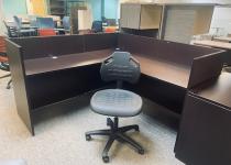 Used Black Armless Task Chair & Mahogany Finish L-Shaped Desk
