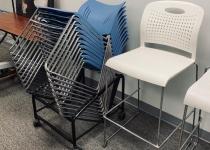 Used Blue Stack Chairs & White Bar-Height Chairs
