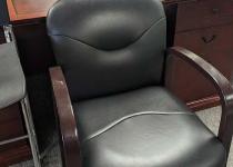 Black Leather Reception Chair with Wooden Arms