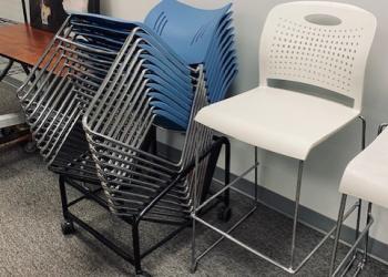 Used Blue Stack Chairs & White Bar-Height Chairs