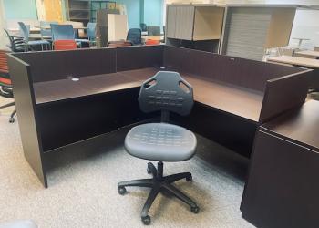 Used Black Armless Task Chair & Mahogany Finish L-Shaped Desk