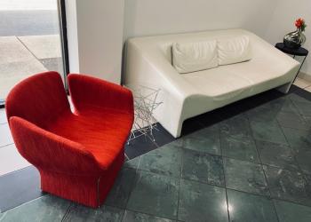 Used Cherry Red Lounge Chair, White Sofa, & Glass Top & Black Side Tables