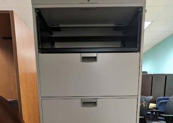Grey lateral file cabinet with top storage