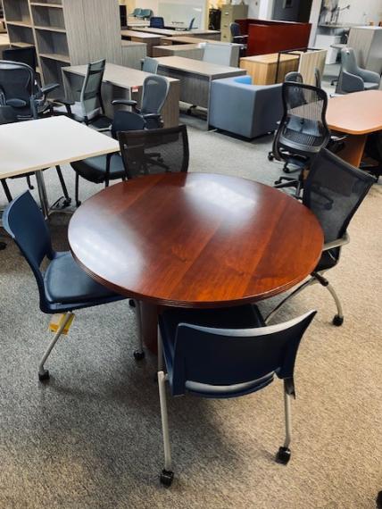 Used Cherry Round Table & Mesh Back Rolling Side Chairs