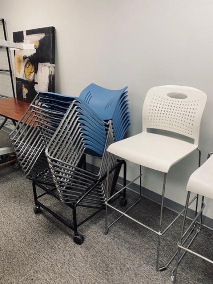 Used Blue Stack Chairs & White Bar-Height Chairs