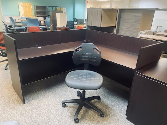 Used Black Armless Task Chair & Mahogany Finish L-Shaped Desk