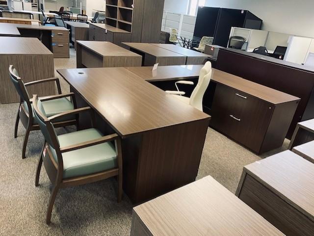 New U-Shaped Desk & Used Teal Side Chairs