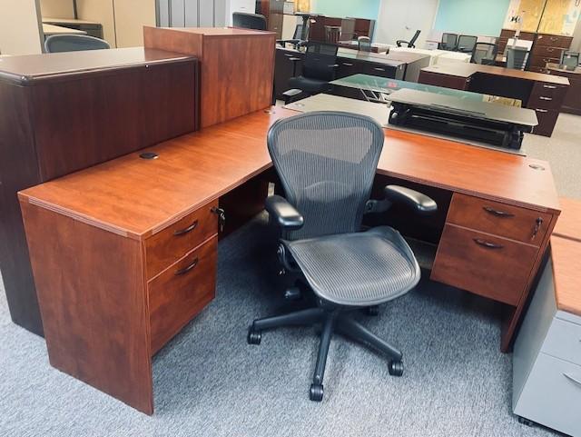 New Cherry L-Shaped Desk & Used Herman Miller Aeron Task Chair