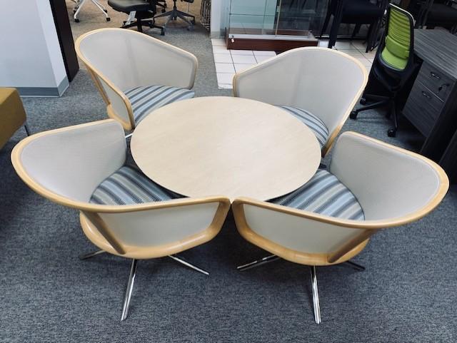 Used Honey Round Table & Side Chairs with Striped Seats